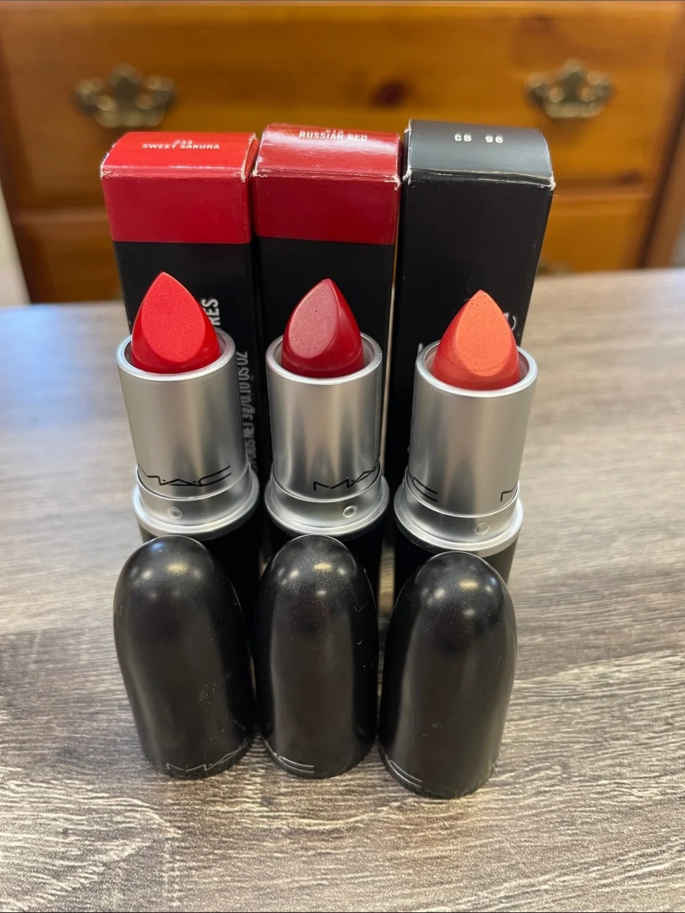 MAC Cosmetics Lipstick Set — Bright Red, Classic Cherry, Coral Orange